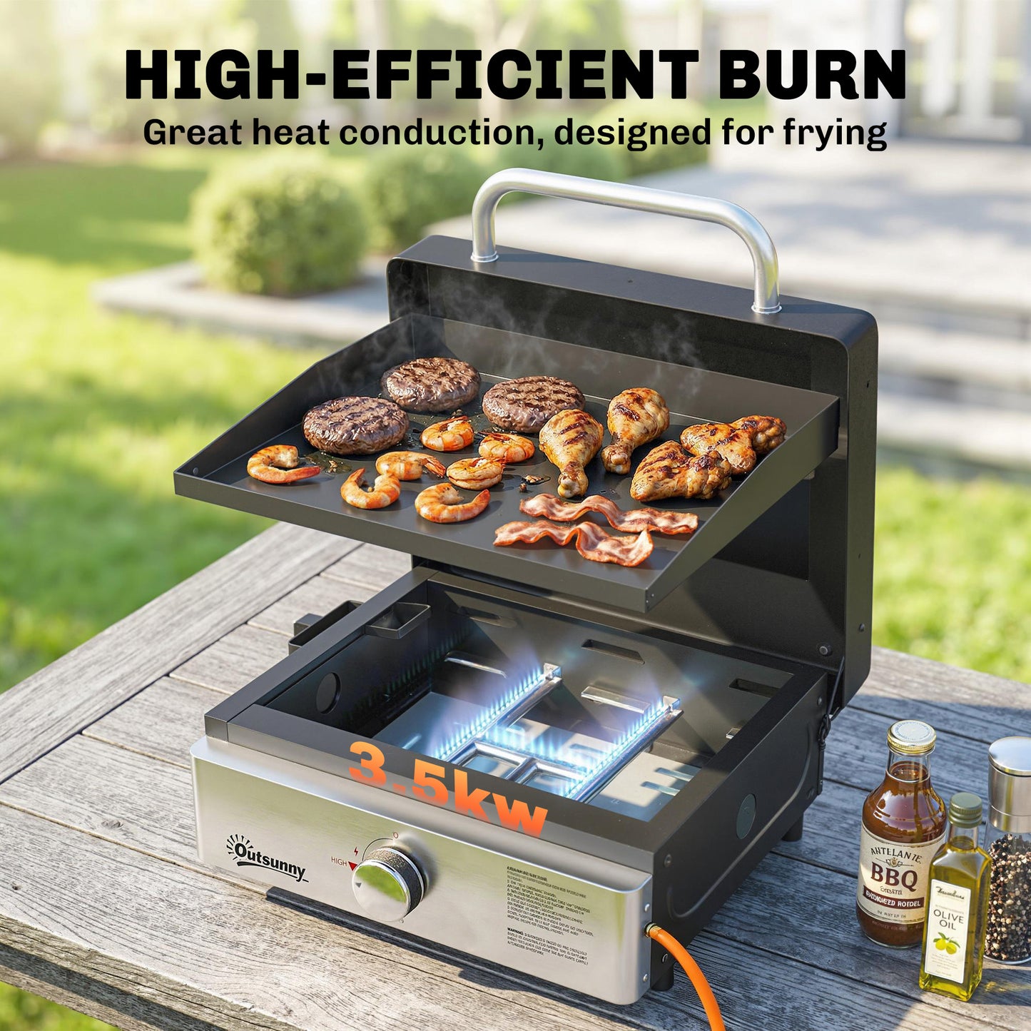 Grill Griddle, Tabletop Gas BBQ with Grease Cup, Black