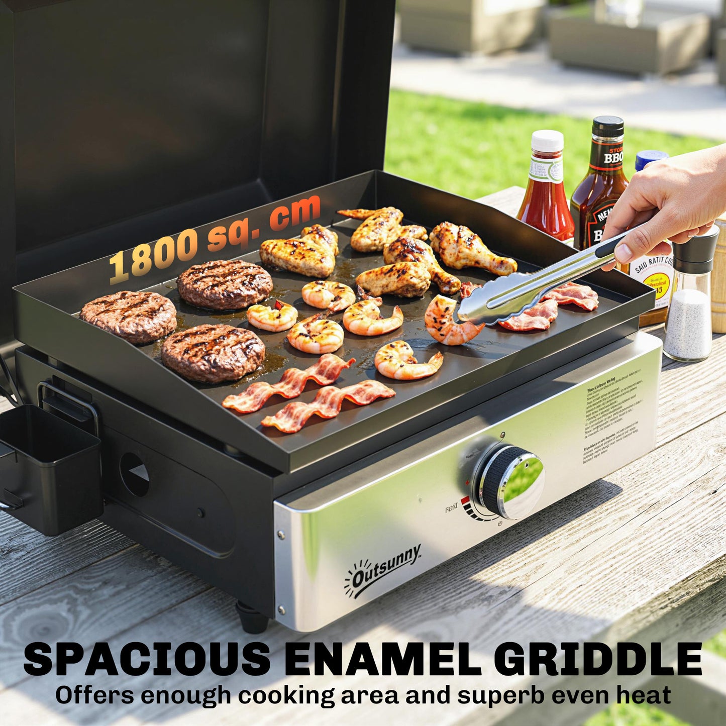 Grill Griddle, Tabletop Gas BBQ with Grease Cup, Black