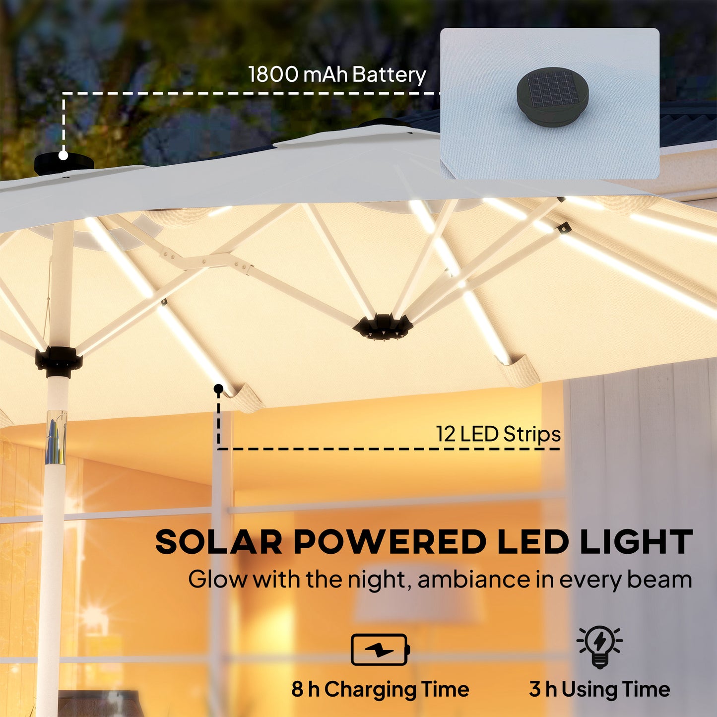 3 m Double-Sided Garden Parasol with Solar Lights, Cream White