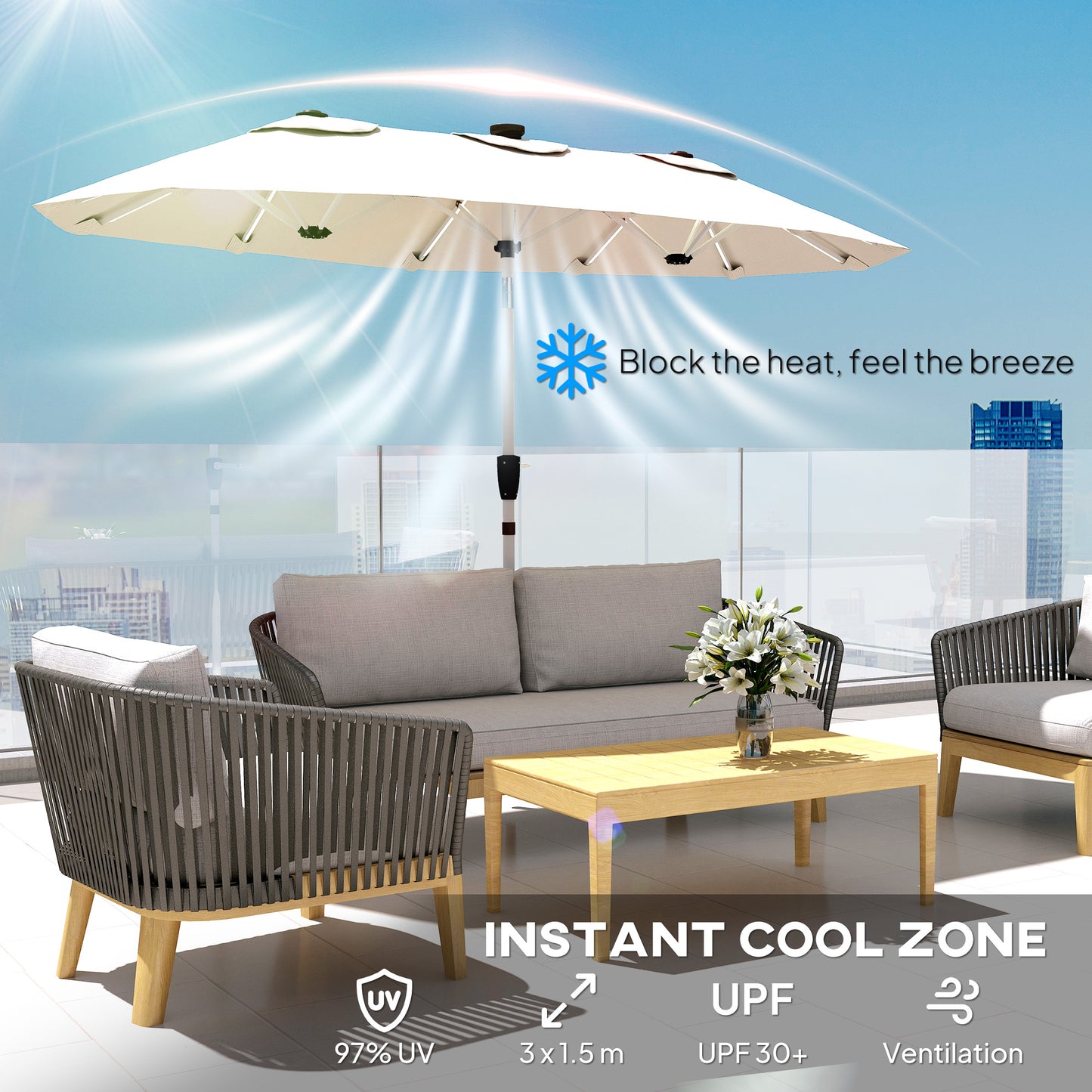 3 m Double-Sided Garden Parasol with Solar Lights, Cream White