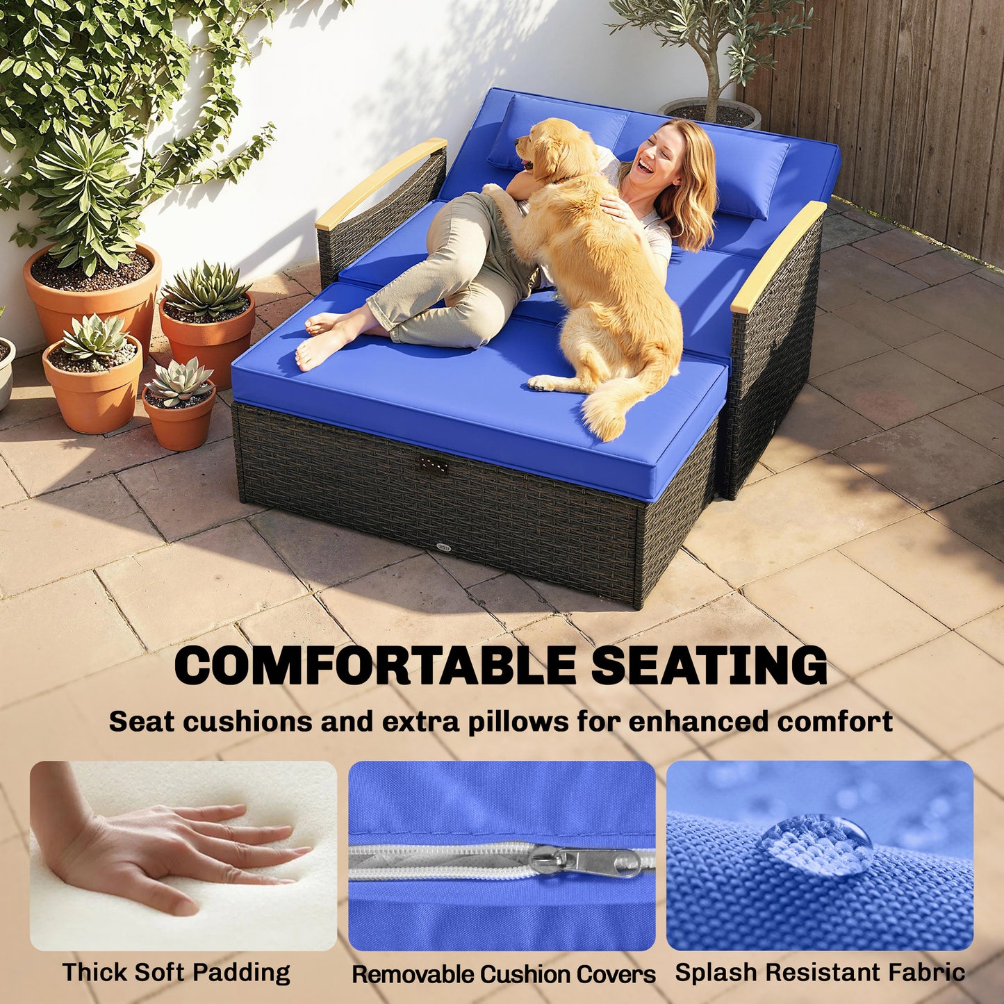 Double Garden Rattan Daybed with Storage Ottoman, Brown & Blue Cushions