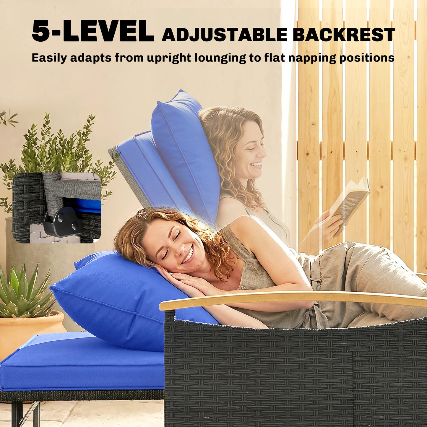 Double Garden Rattan Daybed with Storage Ottoman, Brown & Blue Cushions