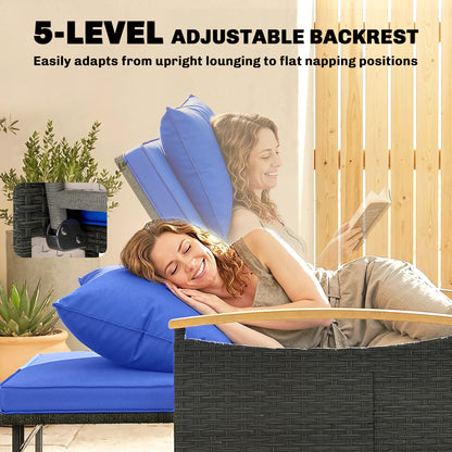 Double Garden Rattan Daybed with Storage Ottoman, Brown & Blue Cushions