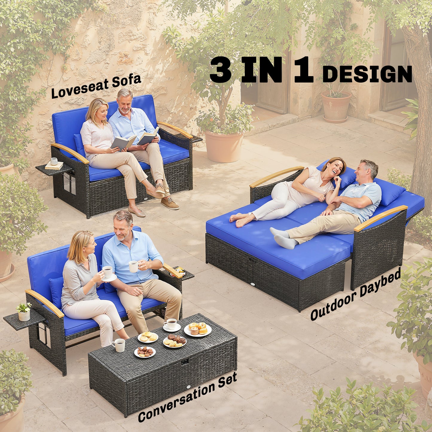 Double Garden Rattan Daybed with Storage Ottoman, Brown & Blue Cushions