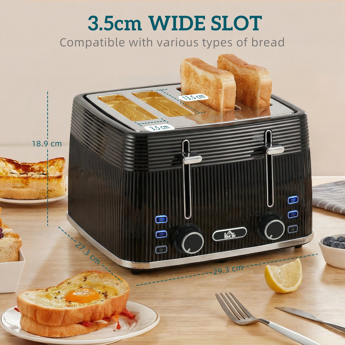 4 Slice Toaster with 7 Browning Levels, Reheat/Defrost/Cancel Functions, Self-centring Function, Electric Toaster with Removable Crumb Tray, 1860W, Black