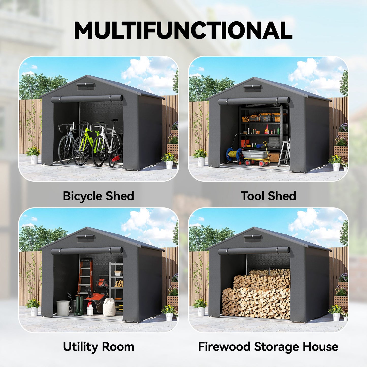 8 x 4 ft Garden Storage Shed with Roll-up Zipper Door, Dark Grey