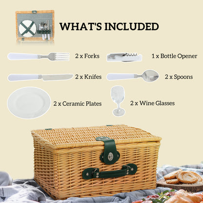 Wicker Picnic Basket for 2 w/ Insulated Cooler Bag, Light Brown