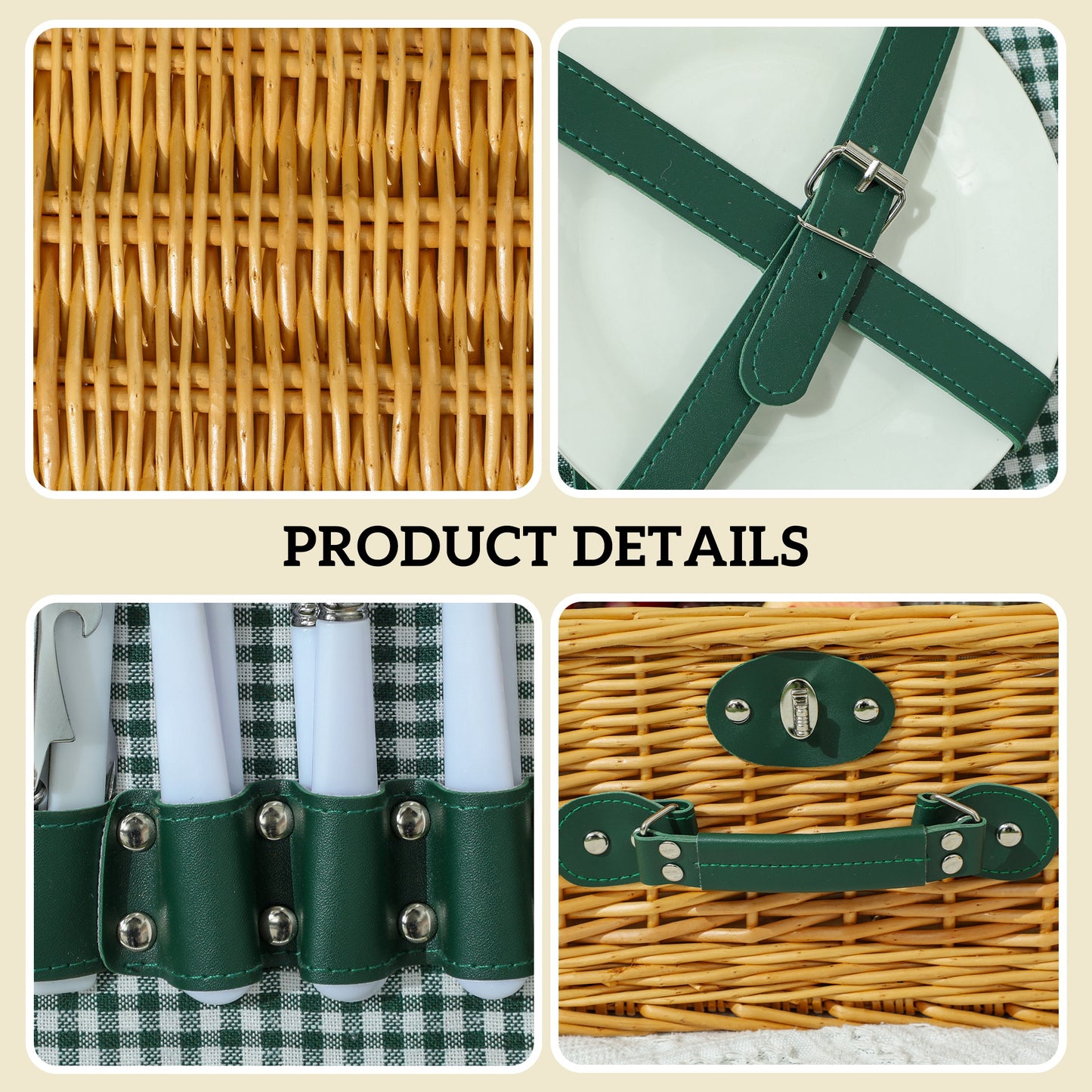 Wicker Picnic Basket for 2 w/ Insulated Cooler Bag, Light Brown