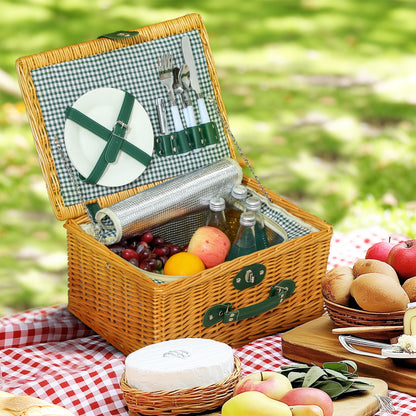 Wicker Picnic Basket for 2 w/ Insulated Cooler Bag, Light Brown
