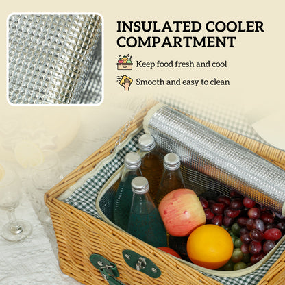 Wicker Picnic Basket for 2 w/ Insulated Cooler Bag, Light Brown