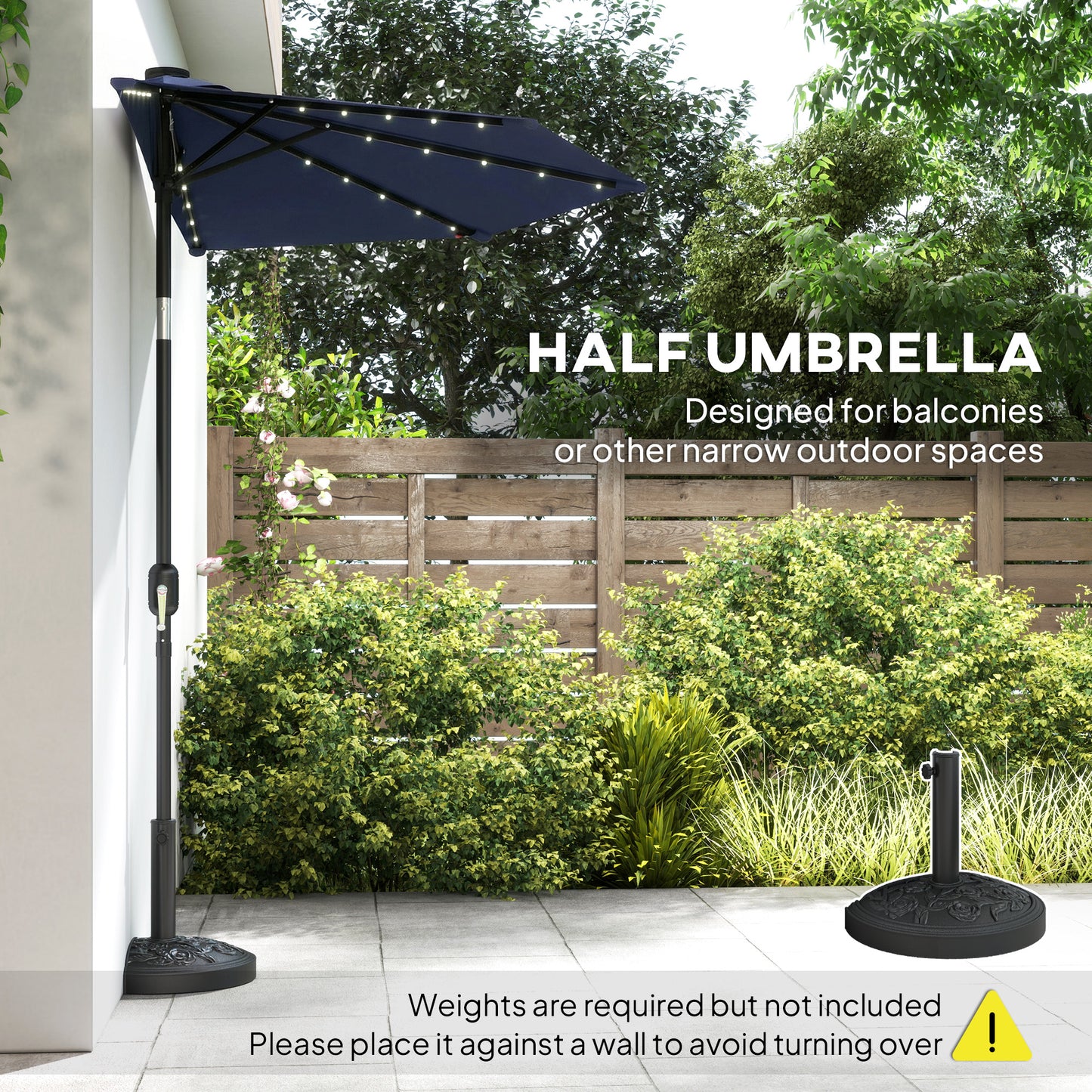 2.6 m Half Parasol with Solar Lights, UPF50+ Semi Round Umbrella