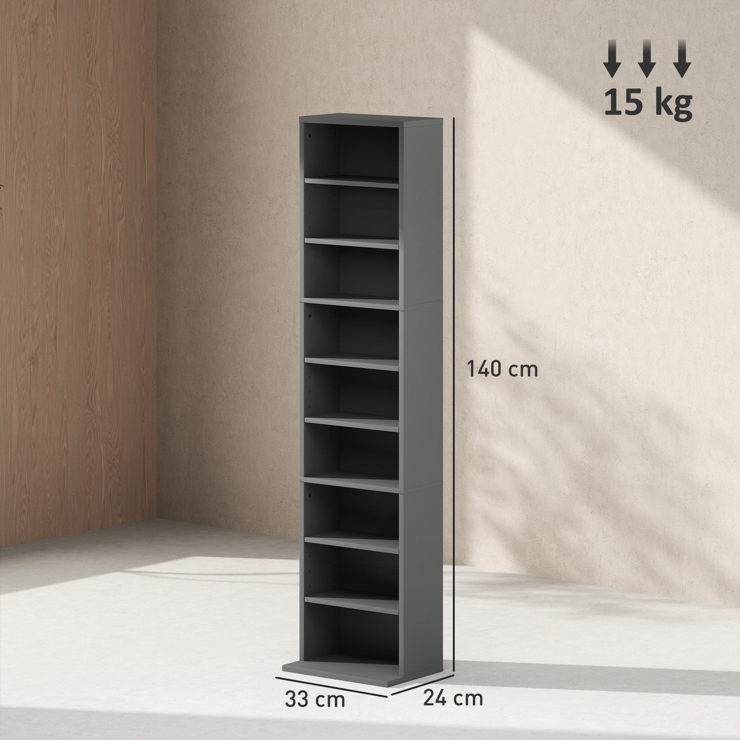 260 CD Storage Unit 120 DVD Storage Tower with 9 Compartments Grey