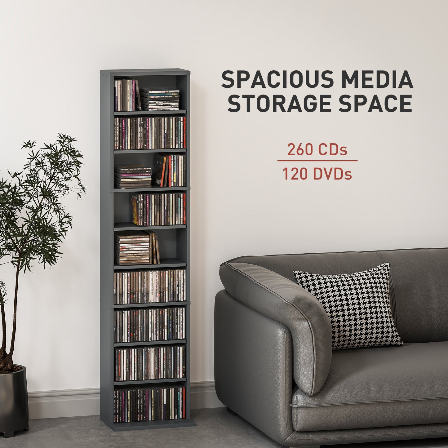 260 CD Storage Unit 120 DVD Storage Tower with 9 Compartments Grey