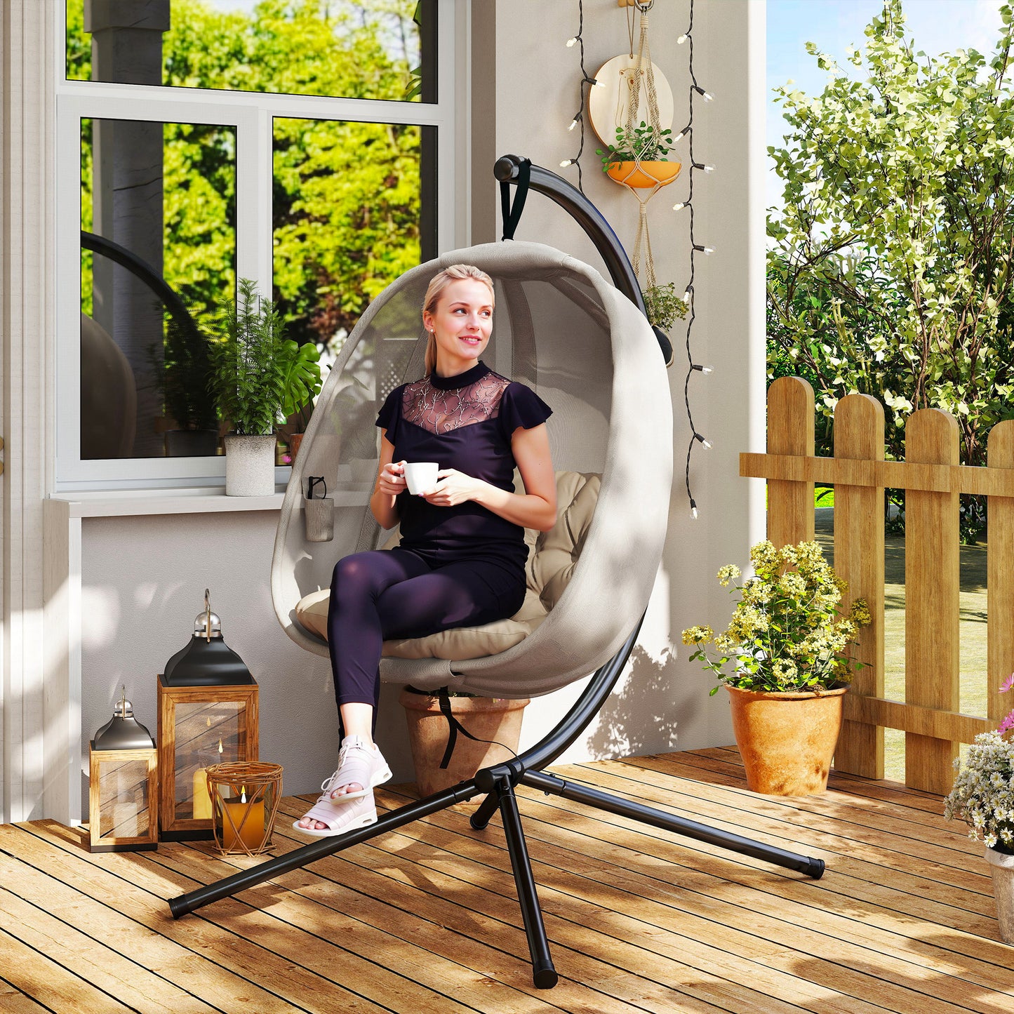 Folding Hanging Egg Chair w/ Cushion and Stand for Indoor Outdoor Khaki