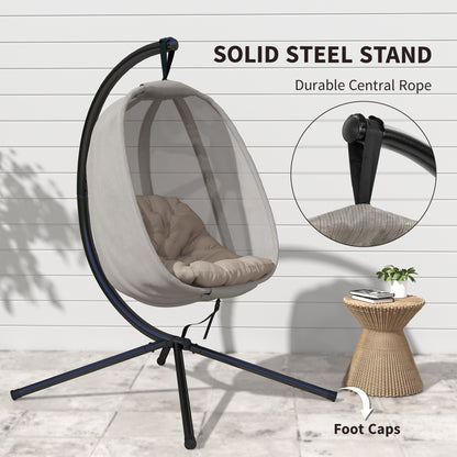 Folding Hanging Egg Chair w/ Cushion and Stand for Indoor Outdoor Khaki