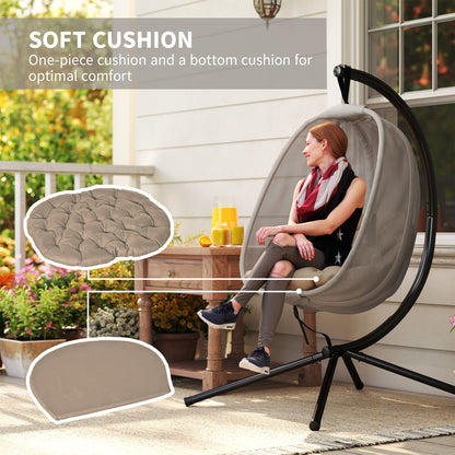 Folding Hanging Egg Chair w/ Cushion and Stand for Indoor Outdoor Khaki