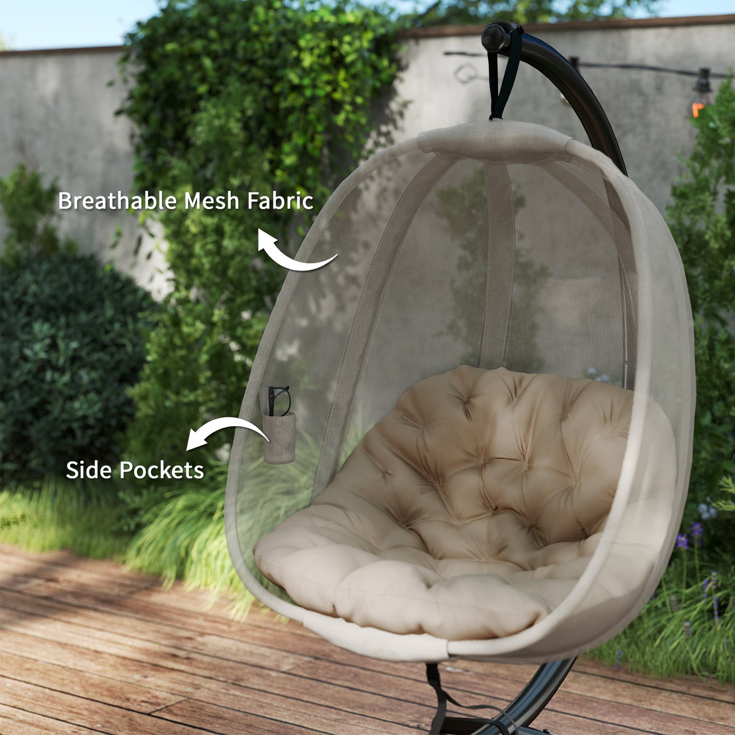 Folding Hanging Egg Chair w/ Cushion and Stand for Indoor Outdoor Khaki