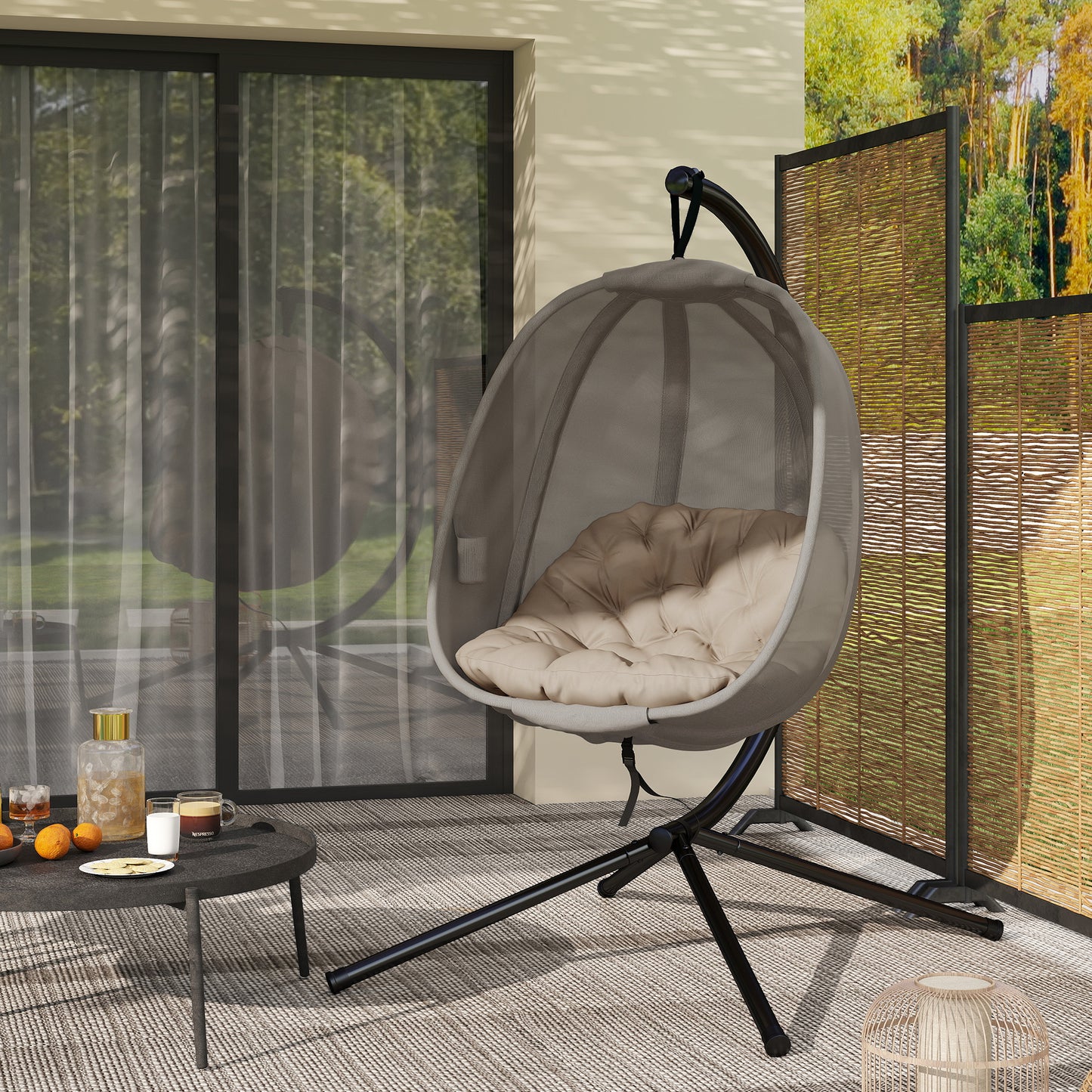 Folding Hanging Egg Chair w/ Cushion and Stand for Indoor Outdoor Khaki