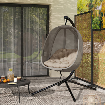 Folding Hanging Egg Chair w/ Cushion and Stand for Indoor Outdoor Khaki