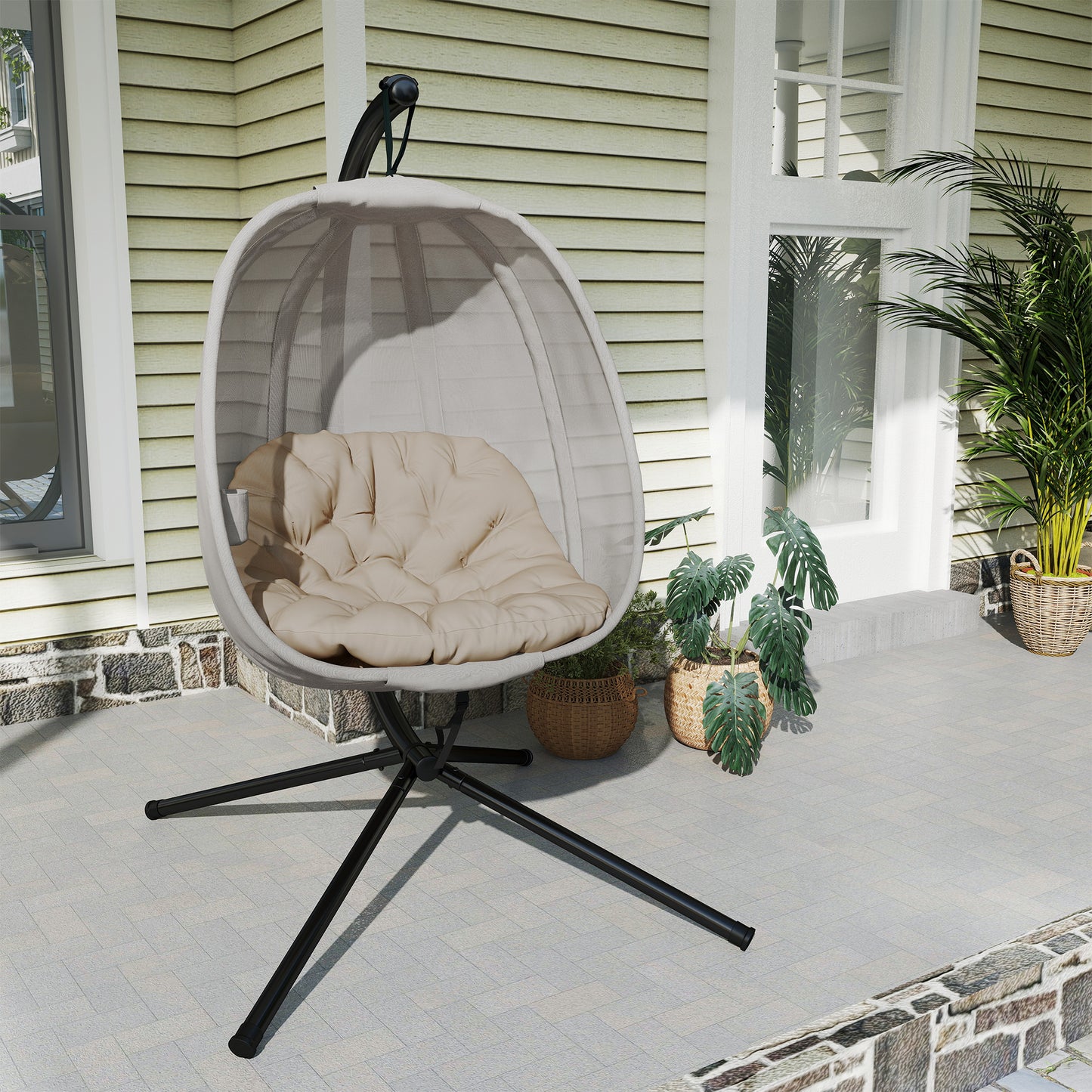Folding Hanging Egg Chair w/ Cushion and Stand for Indoor Outdoor Khaki
