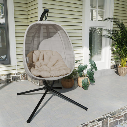 Folding Hanging Egg Chair w/ Cushion and Stand for Indoor Outdoor Khaki