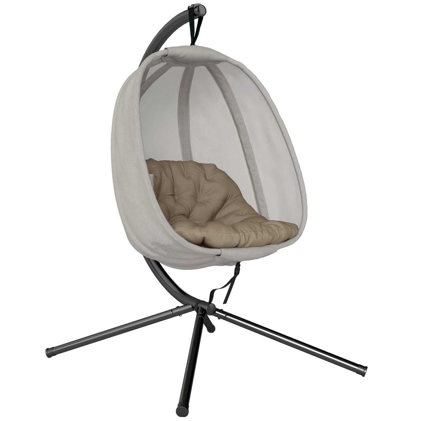 Folding Hanging Egg Chair w/ Cushion and Stand for Indoor Outdoor Khaki