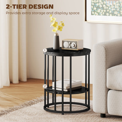 Marble-Effect Round Coffee Table Set of 2 for Living Room, Black