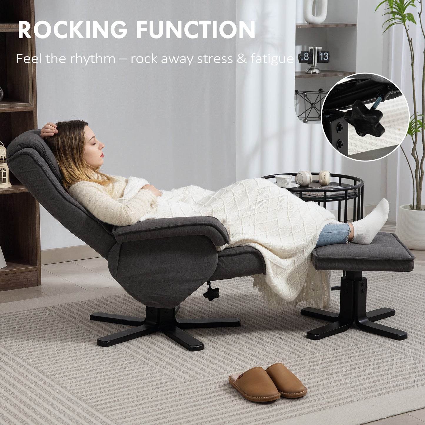 Rocker Swivel Recliner Chair with Footstool, Velvet Upholstered