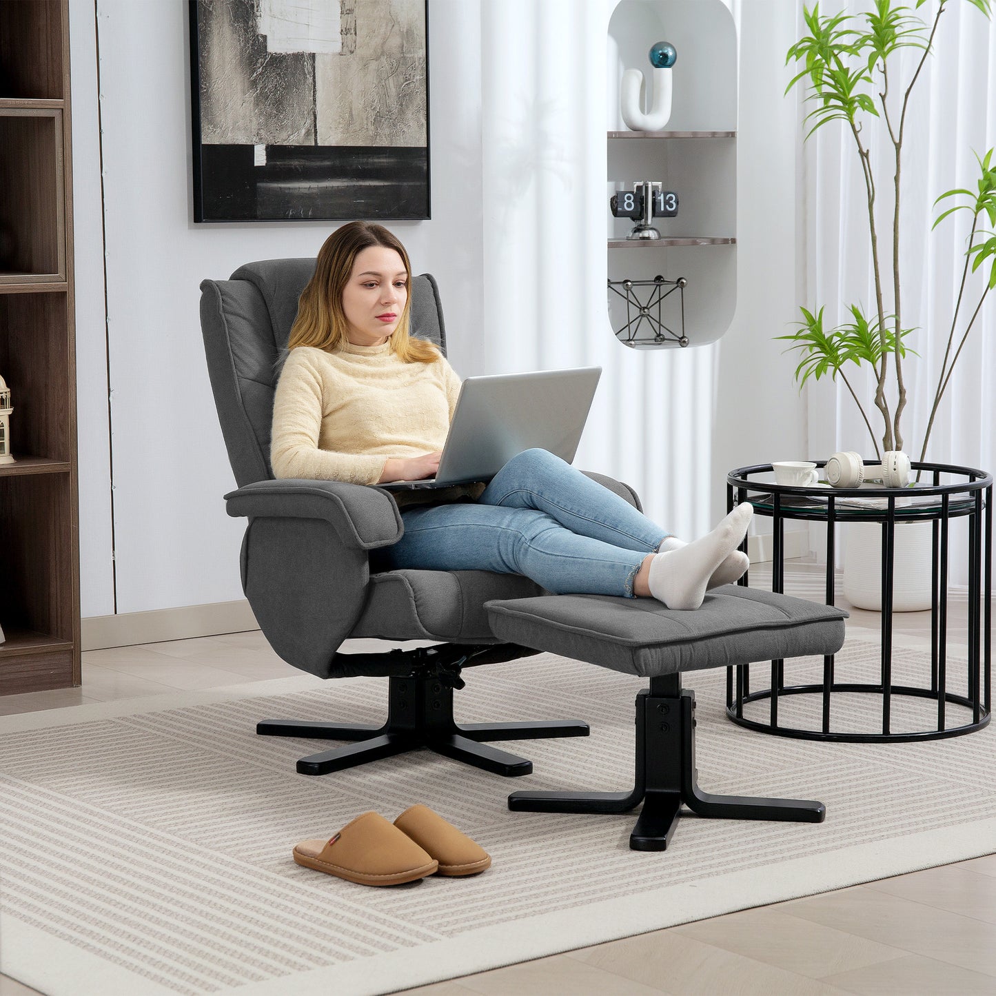 Rocker Swivel Recliner Chair with Footstool, Velvet Upholstered