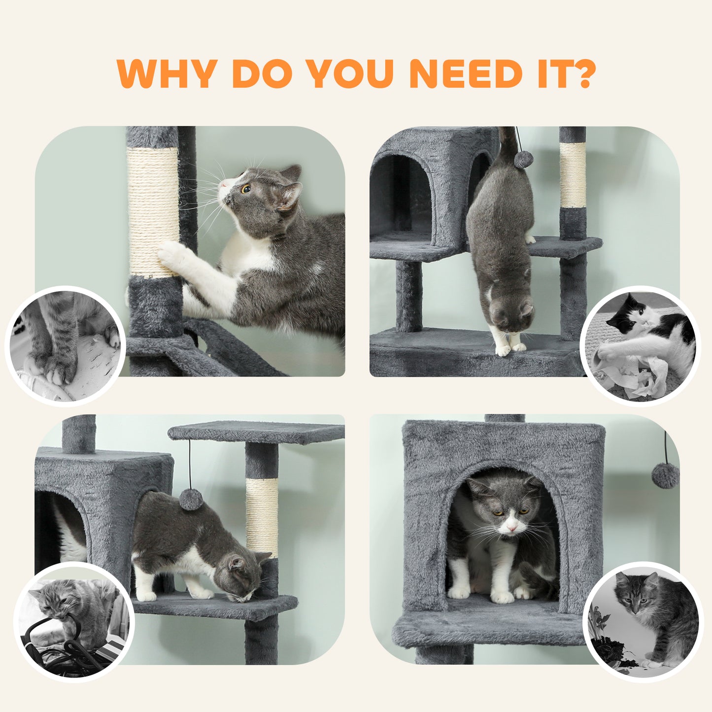 Cat Tree, 202cm Cat Tower with 2 Condos, 2 Hammocks, 2 Perches