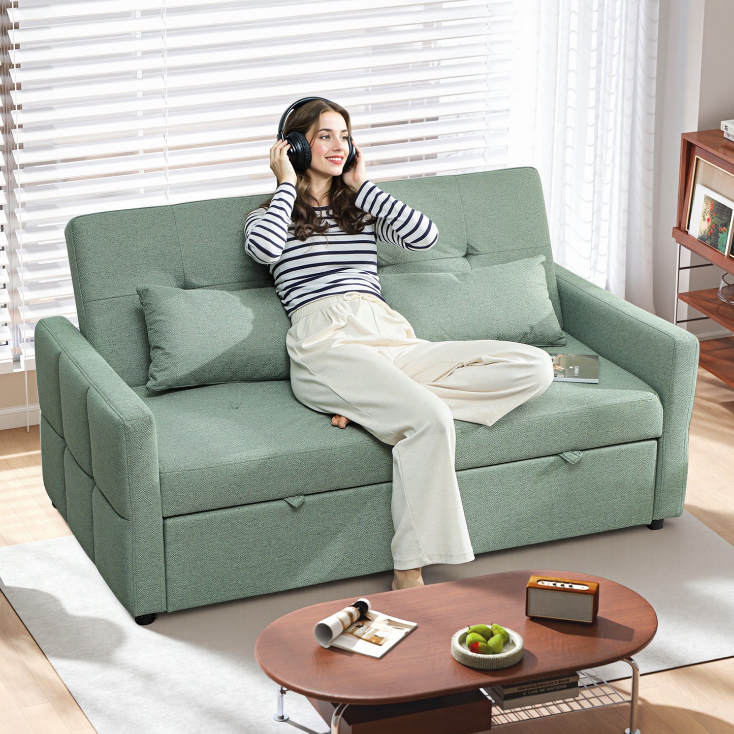 2 Seater Sofa Bed, Convertible Pull Out Bed Settee, Light Green
