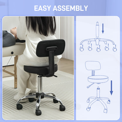 Rolling Stool with Backrest, Wheels, Faux Leather Salon Chair, Black