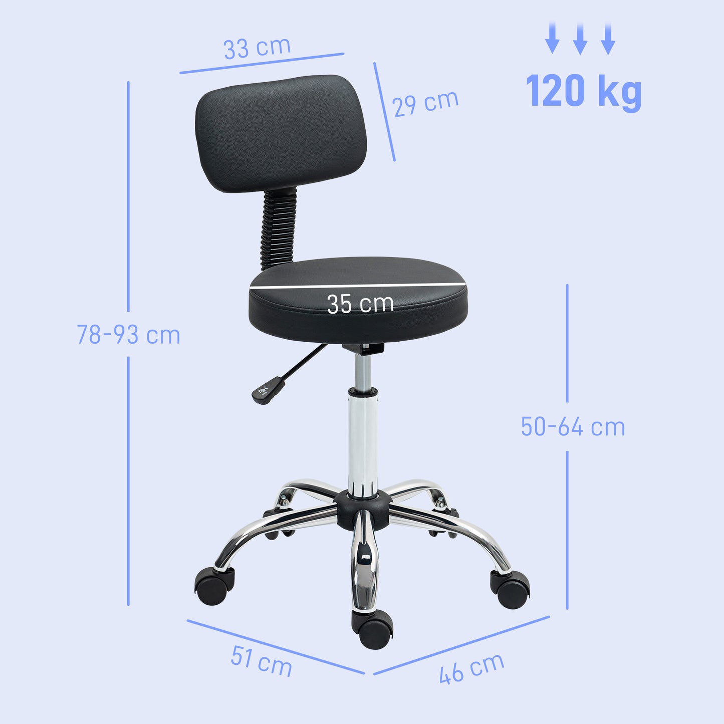 Rolling Stool with Backrest, Wheels, Faux Leather Salon Chair, Black