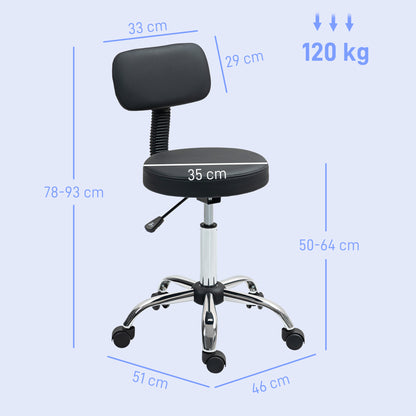 Rolling Stool with Backrest, Wheels, Faux Leather Salon Chair, Black