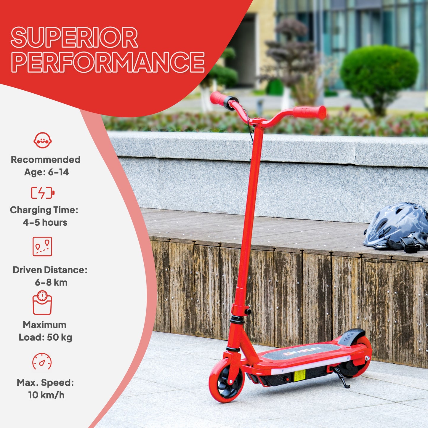 Electric Scooter for Ages 6-14 Years, with Colourful Lights, Red