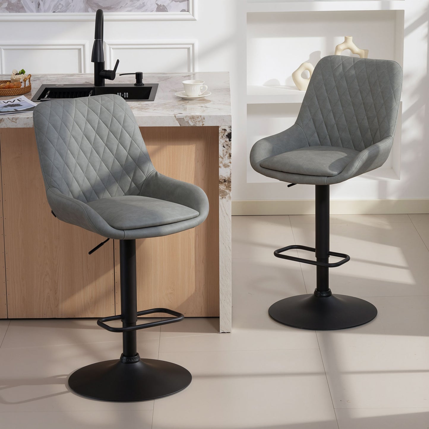 Bar Stools Set of 2, Adjustable Bar Chairs Swivel Light Grey