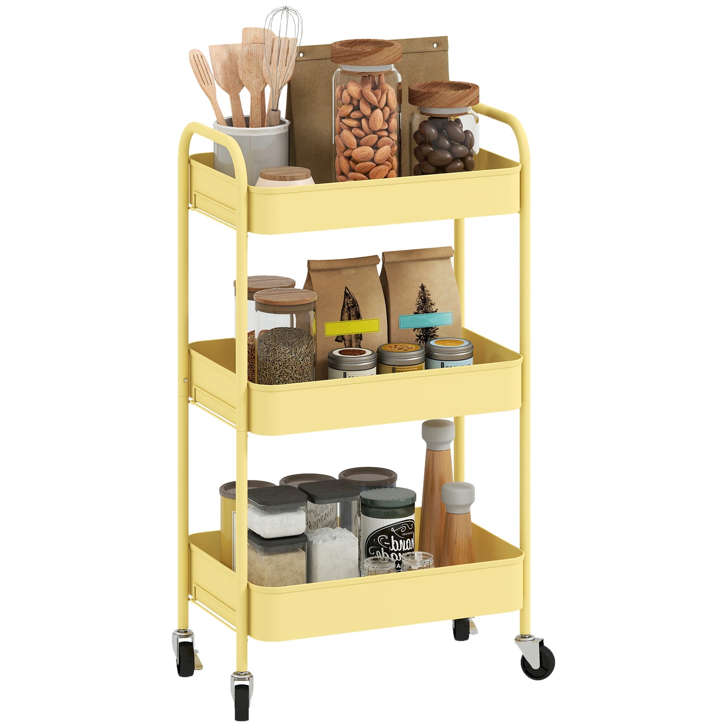 3 Tier Rolling Utility Cart with 3 Mesh Basket, Yellow