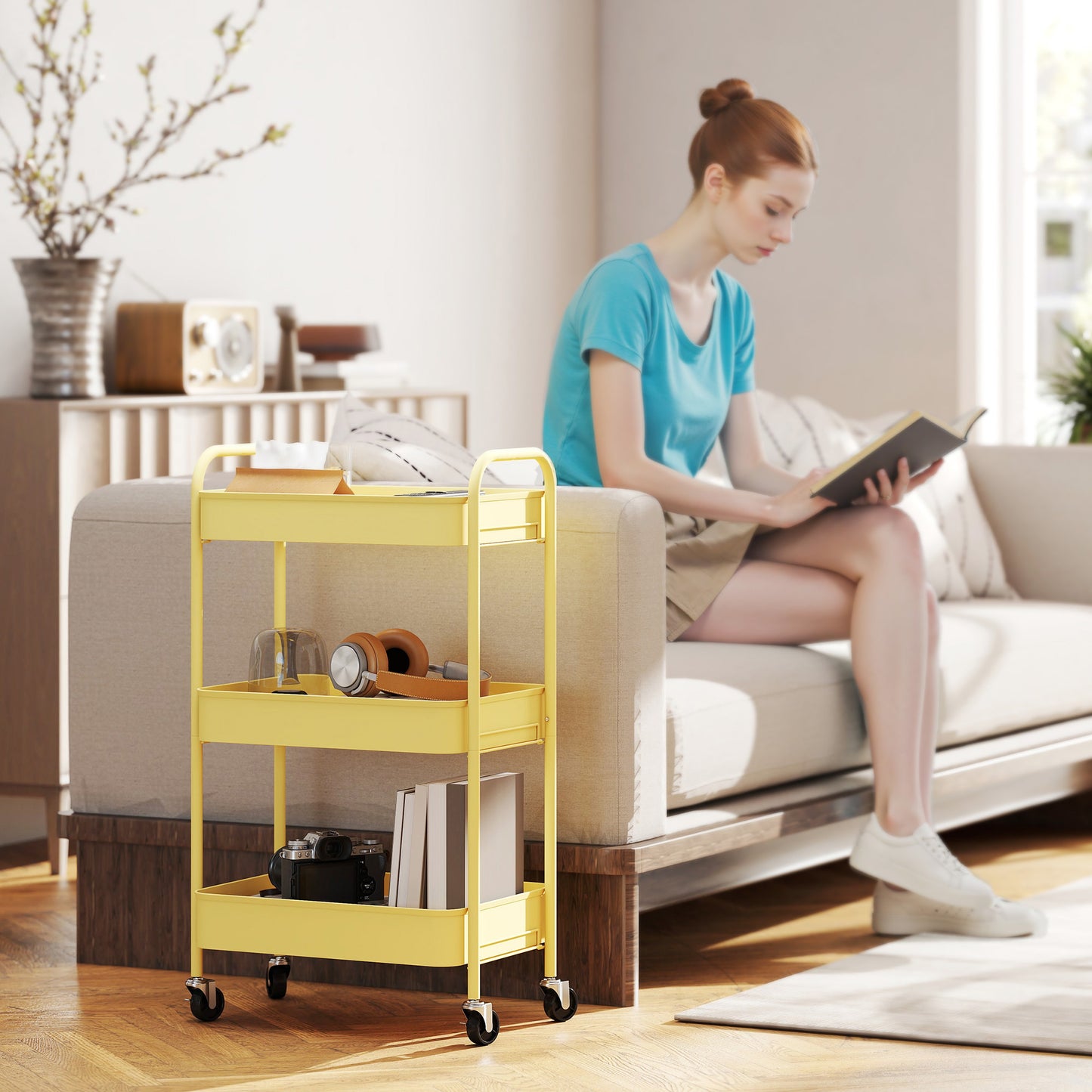 3 Tier Rolling Utility Cart with 3 Mesh Basket, Yellow