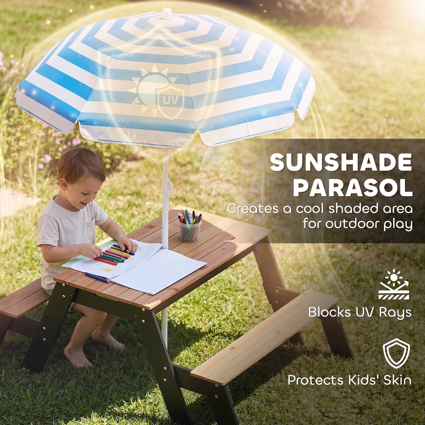 Picnic Table for Kids with Sunshade Parasol, 3 in 1 Wooden Sand and Water Table with 2 Hidden Play Boxes, Kids Garden Furniture for Patio, Garden, Ages 3-6, Natural Wood