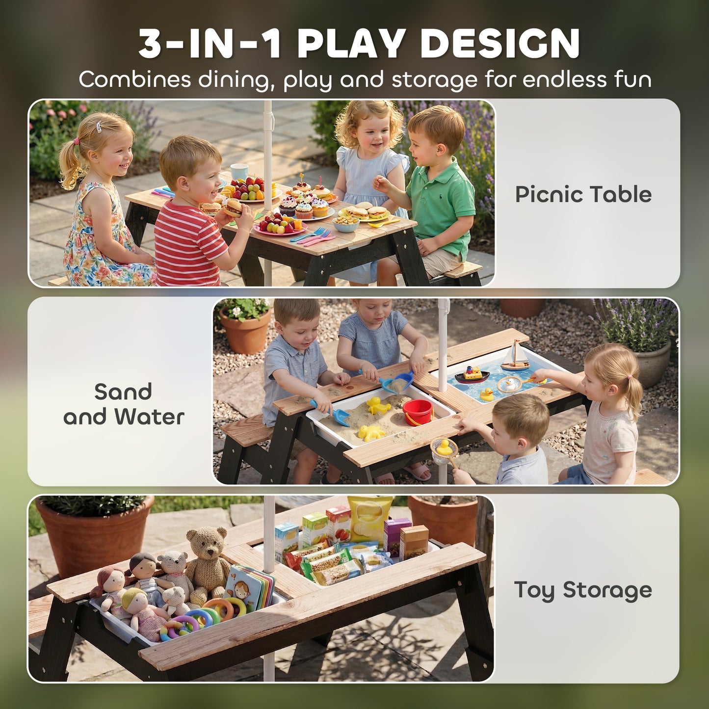 Picnic Table for Kids with Sunshade Parasol, 3 in 1 Wooden Sand and Water Table with 2 Hidden Play Boxes, Kids Garden Furniture for Patio, Garden, Ages 3-6, Natural Wood