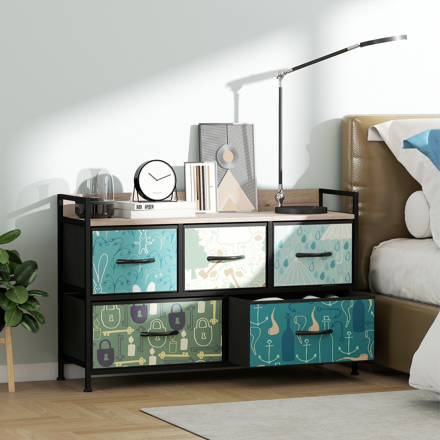 5-Drawer Chest of Drawers, Fabric Dresser with Open Shelf, Blue