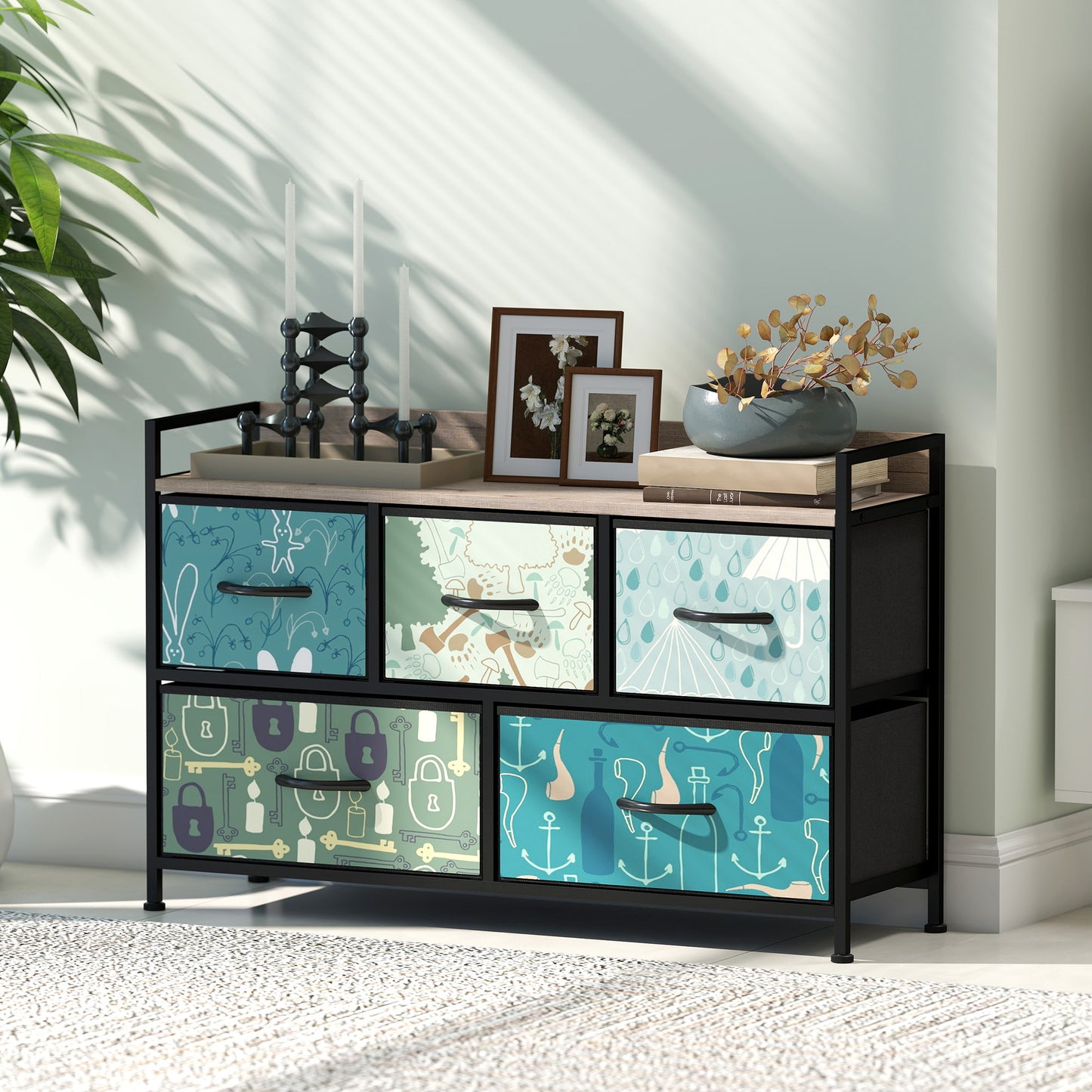 5-Drawer Chest of Drawers, Fabric Dresser with Open Shelf, Blue
