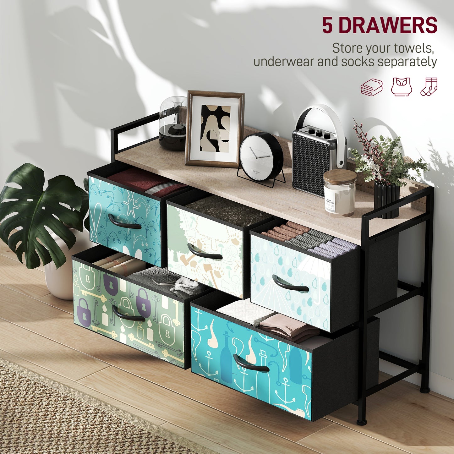 5-Drawer Chest of Drawers, Fabric Dresser with Open Shelf, Blue