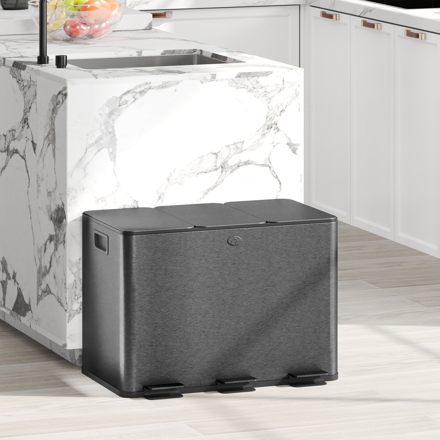 3 x 20L Triple Kitchen Bin Pedal Bin for Recycling and Waste, Black