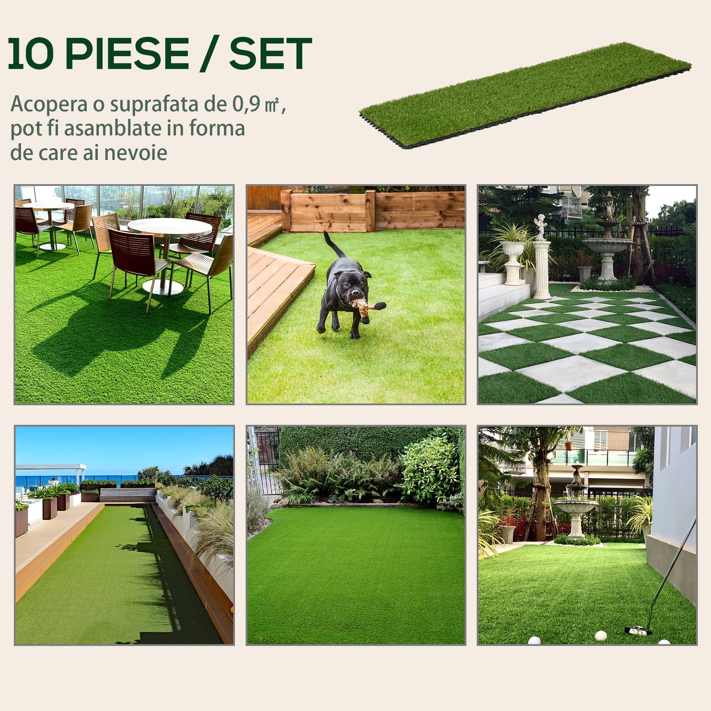 10-Piece Artificial Grass Set, Weatherproof Turf Tiles, Outdoor Carpet