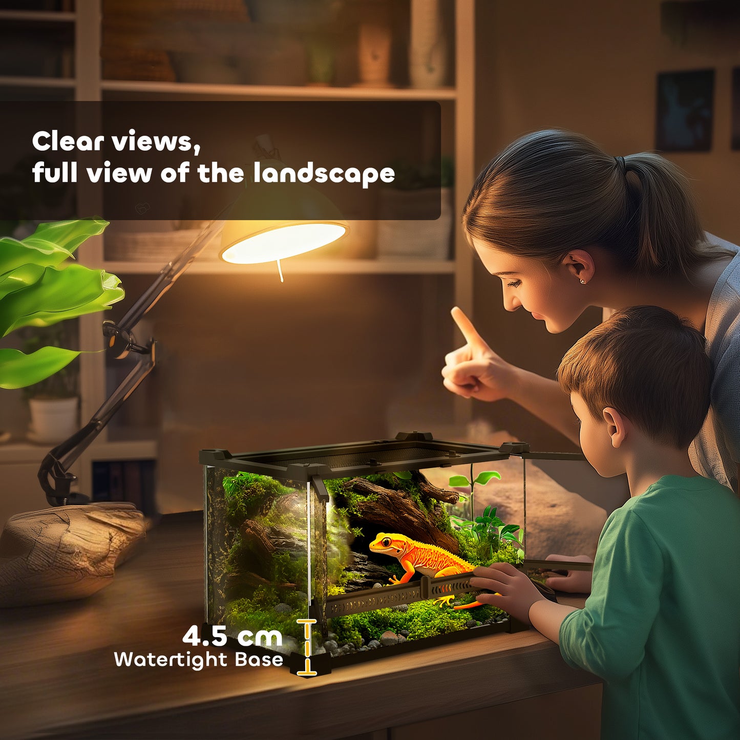 10L Glass Terrarium, Reptile Vivarium with Stone Background, Black