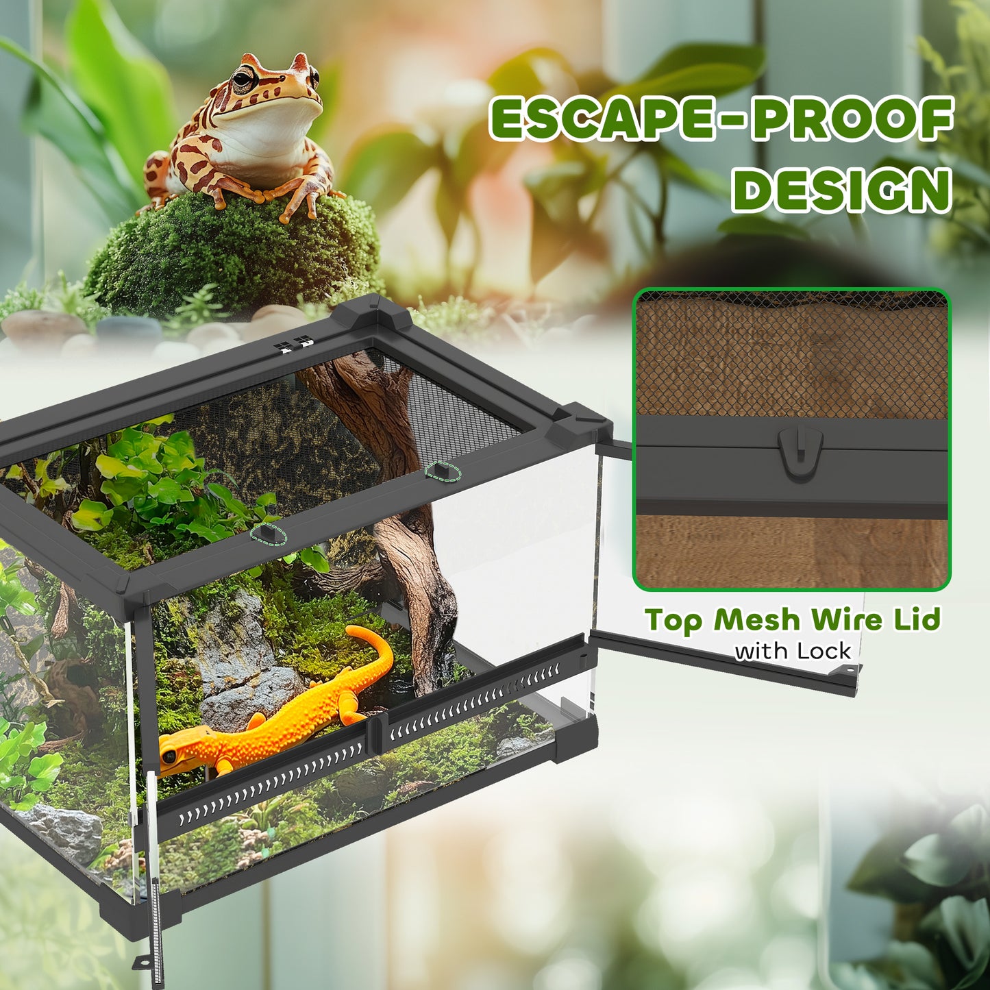 10L Glass Terrarium, Reptile Vivarium with Stone Background, Black