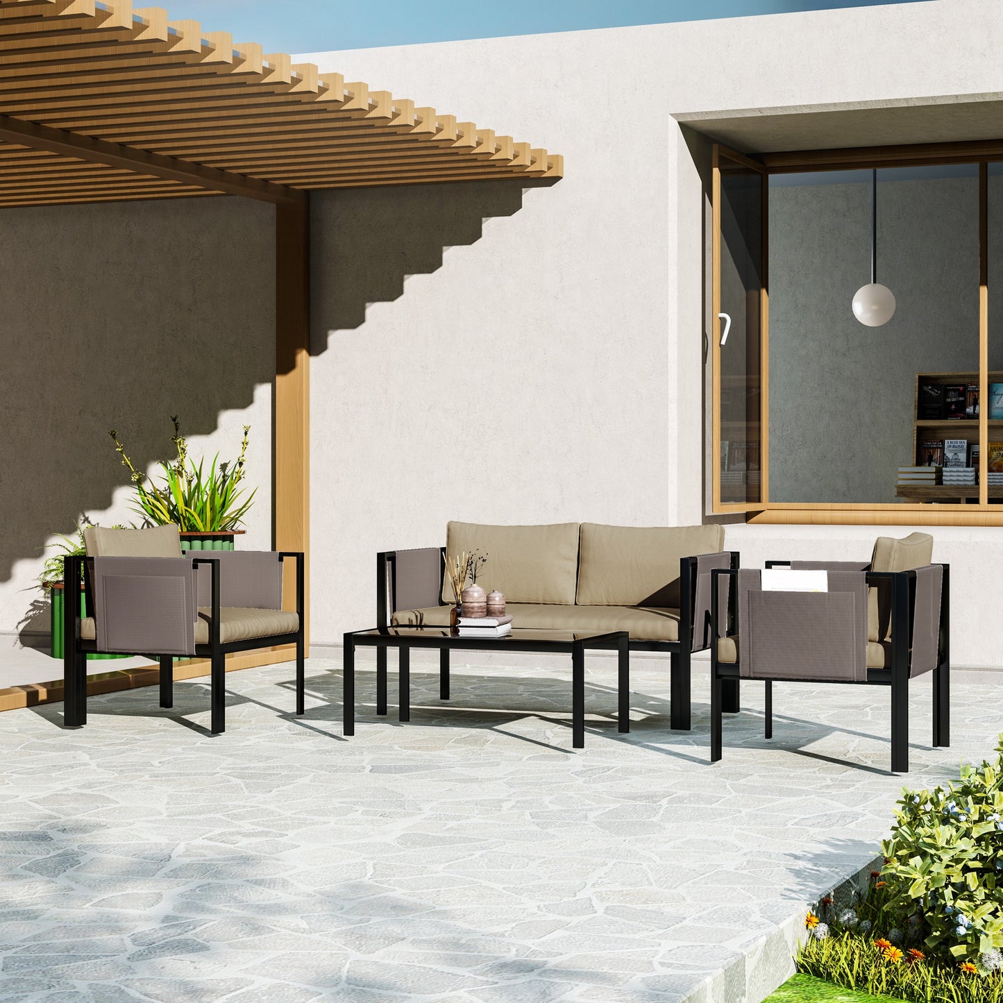 4 Piece Garden Sofa Set w/ Tempered Glass Coffee Table Khaki