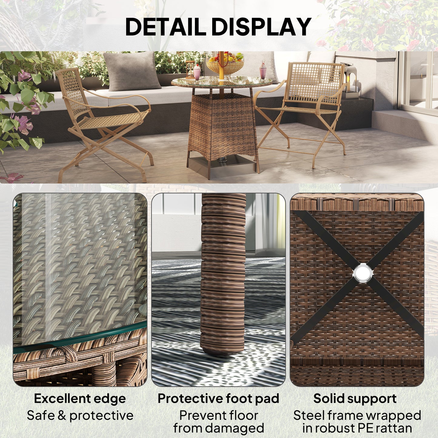 Patio Furniture Rattan Garden Table with Umbrella Hole, Brown