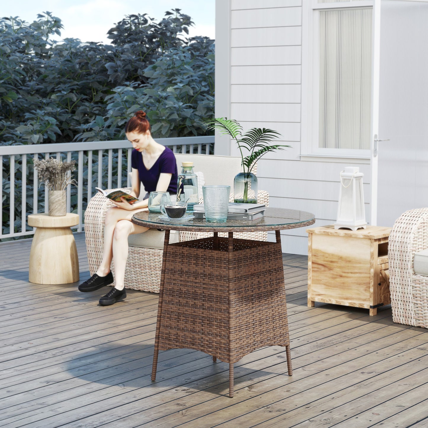 Patio Furniture Rattan Garden Table with Umbrella Hole, Brown